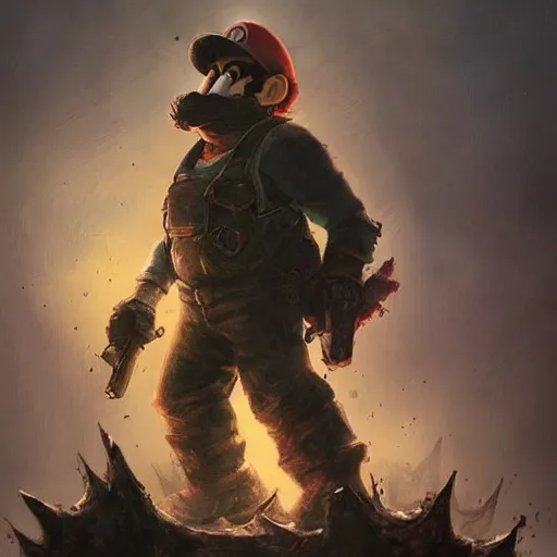 Image similar to A apocalyptic Mario(From mario), Illustration, By Greg Rutkowski,close up,highly detailed