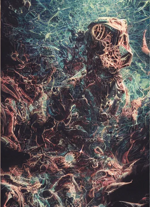 Image similar to astronauts in dark and empty void underwater - complex and hyperdetailed technical suit. reflection and dispersion materials. rays and dispersion of light. volumetric light. 5 0 mm, f / 3 2. noise film photo. flash photography. ultra realistic, wide angle. poster by wayne barlowe, hajime sorayama aaron horkey, craig mullins