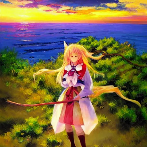 Image similar to Beautiful abstract impressionist painting of Kirisame Marisa from the Touhou project on a cliff looking calmly at the sea at sunset, touhou project official artwork, danbooru, oil painting by Antoine Blanchard, wide strokes, pastel colors, soft lighting sold at an auction