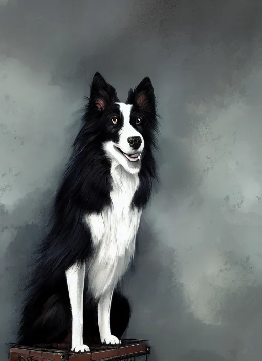 Image similar to wide angle beautiful full body portrait of a strong male anthropomorphic anthro border collie fursona sitting in a parlor room, character design by charlie bowater, henry asencio, and ross tran, disney, scenic background, detailed, aesthetic, trending on artstation, furaffinity, deviantart