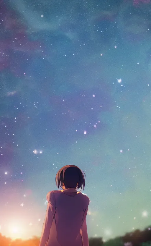 Image similar to Centred shot of anime girl looking up at the stars, bokeh background, ultra detailed, 8K