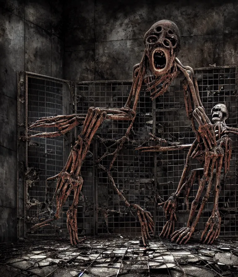 Image similar to Creepy huge suffering humanoid with long limbs sits on the floor and looks at the little old TV. An underground very dark gloomy multi-layered structure of rusty thick iron grates, dense chain-link fencing and peeling walls. Inside view, collapsed floors, bent rusted iron, masterpiece, black background, corners, cinematic, hyperdetailed, photorealistic, hyperrealism, octane render, 8k, depth of field, bokeh, architecture, shadows, art by Zdzisław Beksiński, Dariusz Zawadzki