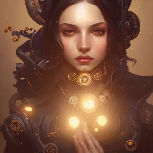 Prompt: portrait of beautiful steampunk girl, town, arcane, volumetric lighting, ray tracing, futuristic, sharp focus, vibrant, vivid, symmetry, highly detailed, 4 k digital painting, detailed skin, raytracing, artistic, concept art by artgerm, greg rutkowski, alphonse mucha, unreal engine render,