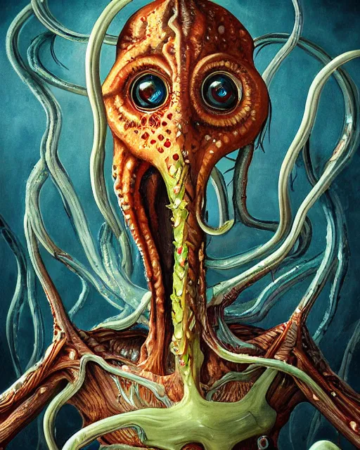 Image similar to Haunting horrifying detailed painting of a tall skinny extraterrestrial squid monster made of gelatinous fluid, telekinetic aura, magical powers, and bloodshot eyeballs, hyper detailed, trending on Artstation