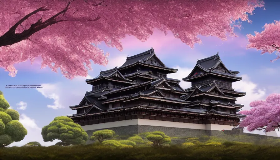 Image similar to A highly detailed matte painting of the huge japanese castle, wooden and dark, with matsu pine trees, with sakura cherry trees, by Studio Ghibli, Makoto Shinkai, by Artgerm, by beeple, by Greg Rutkowski, volumetric lighting, octane render, 4K resolution, trending on artstation, masterpiece