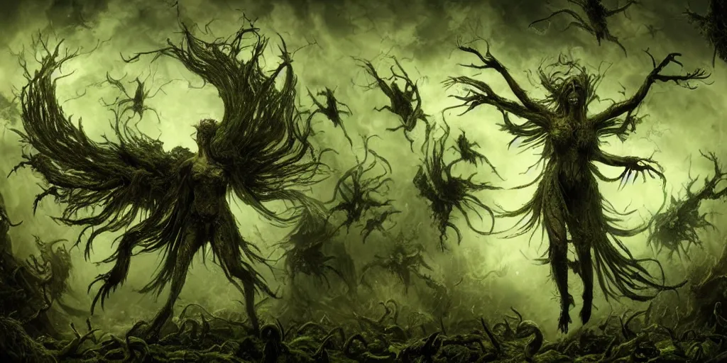 Prompt: A hauntedly beautiful yet grotesque wraith of pestilence and disease glowing with green ethereal light, with arms outstretched she hovers atop a hoard of swarming undead rats, high quality, hyperdetailed, fantasy,