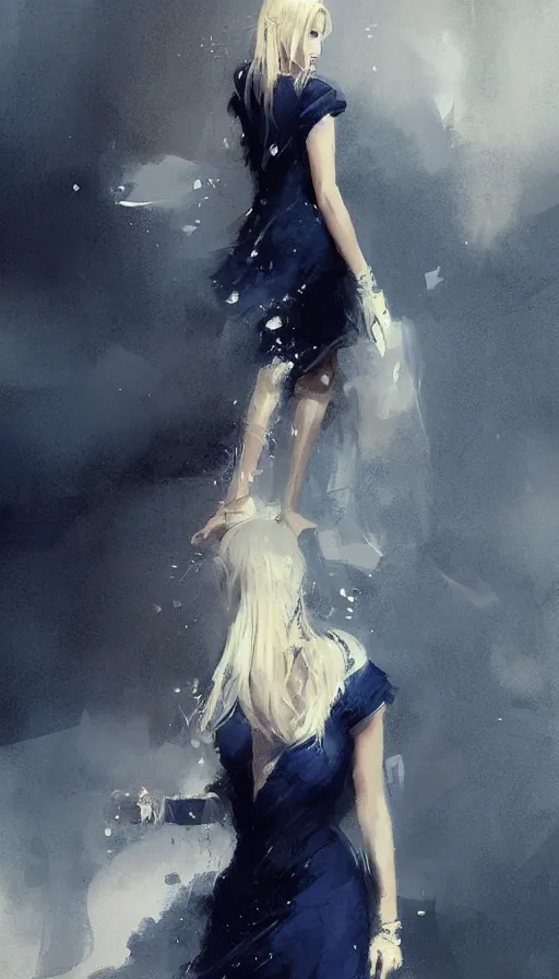 Prompt: beautiful blonde wearing a navy blue dress, ornate, by Greg Rutkowski and Jeremy Mann