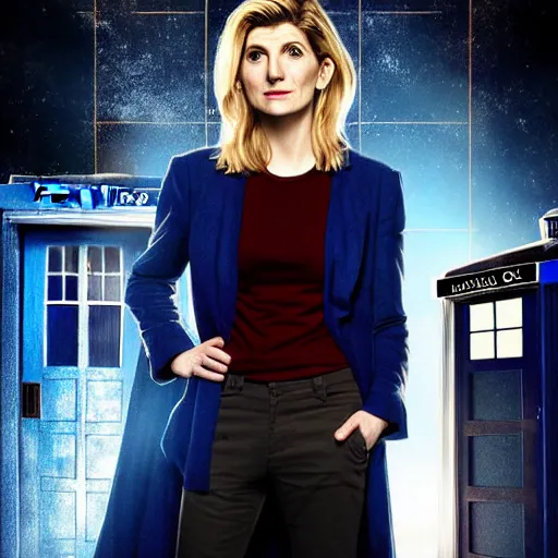 Prompt: Jodie Whittaker, the 13th doctor leaning against her TARDIS studio photography in the style of Annie Leibovitz, digital art