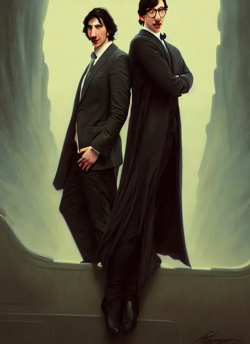 Image similar to painting of both john oliver and adam driver together, john oliver in front, full body, elegant, beautiful, highly detailed, centered, dark, smokey, digital painting, concept art, smooth, sharp focus, illustration, deviant art, art by artgerm, art by greg rutkowski, art by alphonse mucha