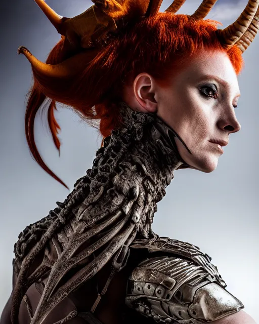 Image similar to 5 5 mm portrait photo of an armored redhead woman with goat horns and a an iguana sitting on her shoulder by luis royo. highly detailed 8 k. intricate. lifelike. soft light. nikon d 8 5 0. cinematic post - processing