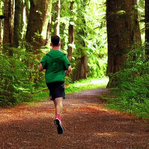 Prompt: a sporty guy runs alone through a forest with tall trees, acid-green sneakers, a shot from the back in perspective, art by Steve Henderson,