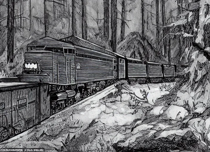 Image similar to the roaring and screeching of a train emanates through the craggy darkness. snowblind, you should be bedridden, but you have no bed. the beast approaches, maddeningly soft on its dense limbs, and yes the monster sees you and takes its sweet time to lumber over.