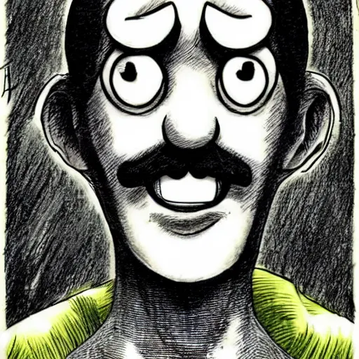 Prompt: A portrait of Luigi drawn by Junji Ito, horror, gothic, fantasy, manga