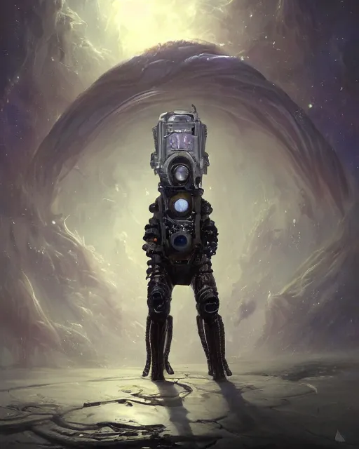 Prompt: oil painting of Lovecraftian sci-fi monster wearing alien space suit, sharp focus, holding sci-fi rifle, magical aura, heroic pose, fantasy style, octane render, volumetric lighting, 8k high definition, by greg rutkowski, highly detailed, trending on art Station, magic the gathering artwork, Spaceship hallway background, centered, horror, sci-fi artwork, demonic