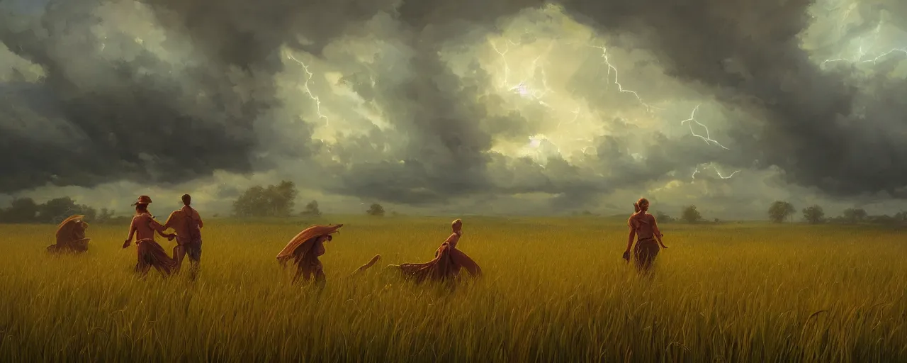 Prompt: big storm in the grass fields, highly detailed oil painting, unreal 5 render, rhads, bruce pennington, tim hildebrandt, digital art, octane render, beautiful composition, trending on artstation, award - winning photograph, masterpiece