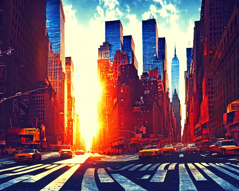 Image similar to new york in the future, city streets, golden hour, perspective artwork, photorealism