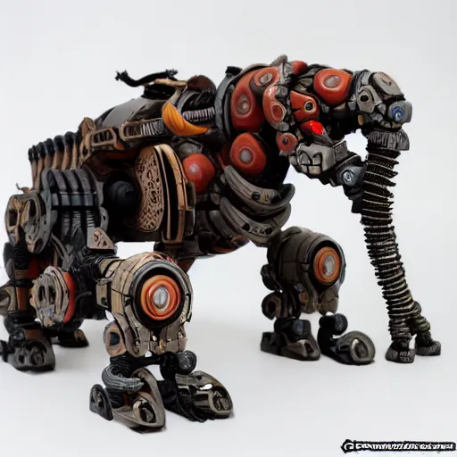 Prompt: kitbashed mechanical elephant, horizon zero dawn style, model kit, wires protruding out, weaponised, red LED eyes