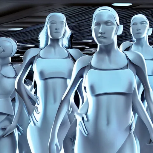 Image similar to troop of cloned ancient women with white bob hairdos, tight light blue neopren suits, futuristic production facility, sci - fi, highly detailed, cinematic