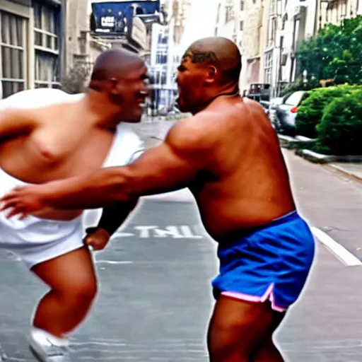 Image similar to mike tyson chasing an obese man through a street, hyper realistic, very realistic.