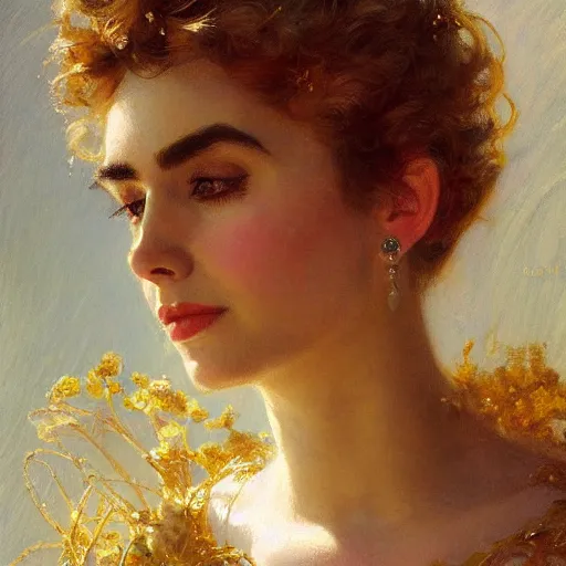 Image similar to detailed portrait of lilly collins in gold clothes, spring light, painting by gaston bussiere, craig mullins, j. c. leyendecker