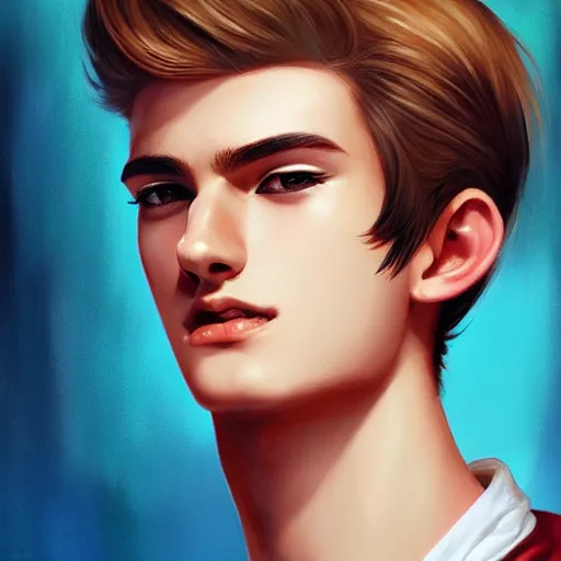 Image similar to colorful Captivating teenage boy with brown blond very short quiff hair and facial structure like andrew garfield, brown eyes with red eye markers, slim body, wearing a detailed Japanese kimono with golden details, atmospheric lighting, painted, intricate, 4k, highly detailed by Charlie Bowater