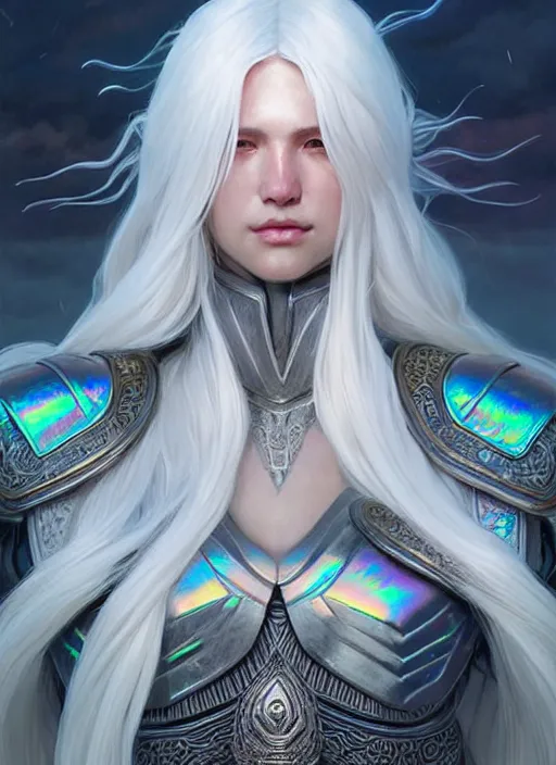 Image similar to light iridescent armor!!! long wild white hair!! covered chest!!! fantasy, d & d, intricate ornate details, digital painting, pretty face!!, symmetry, concept art, sharp focus, illustration, art by artgerm! greg rutkowski magali villeneuve wlop! ilya kuvshinov!!, octane render