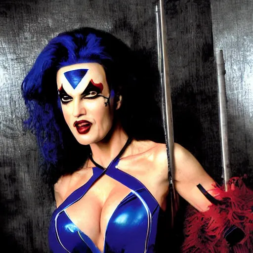 Prompt: Julie Strain as Mystique from XMen, photograph by Bruce Webber