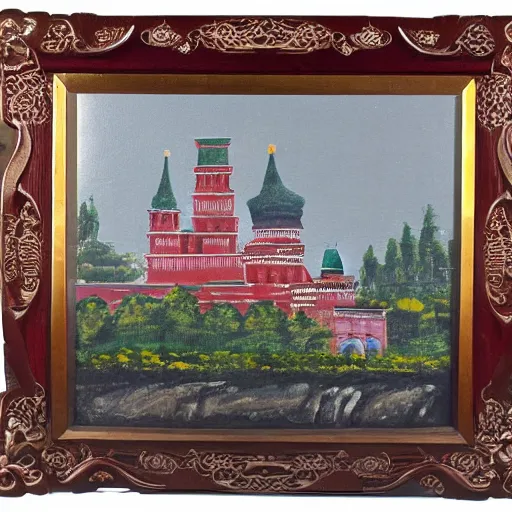 Image similar to chinese - style kremlin and chinese st. basil's cathedral on wide stone square at sawn, portrait of mao on the kremlin, gentle dawn, realistic painting