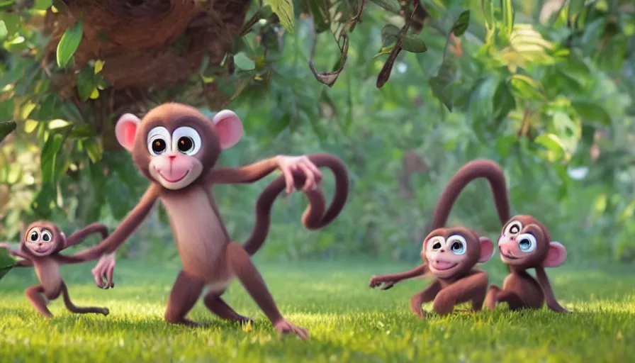 Image similar to very very very cute baby monkeys by Max Kostenko and Bobby Chiu, disney, pixar, MPC, Framestore, character design for animation, uplight, a lineup of characters, big disney eyes, symmetrical eyes, cuteness, 3d render, octane rendered, rendered by maya and houdini, highly detailed, unreal engine, Trending on Artstation, octane render, 4k, 8k, HD