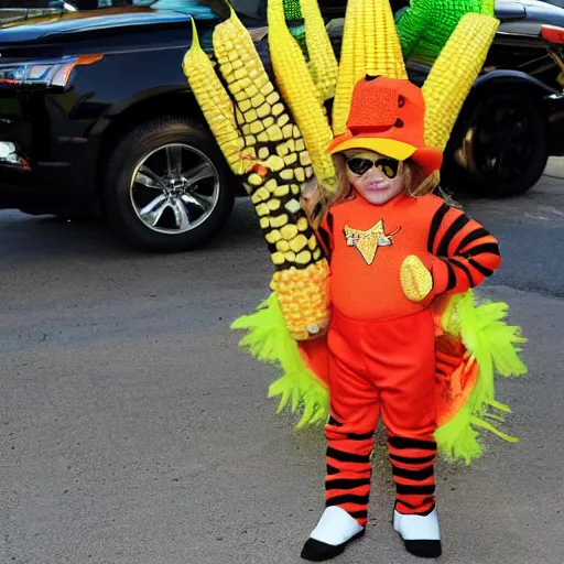 Image similar to full body photo of jennifer lopez, she is wearing a funny kid's hallowen costume of corn on a cob