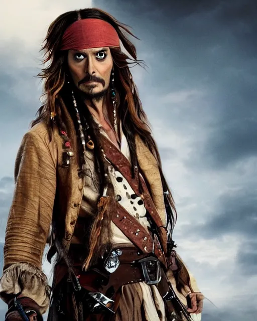 Prompt: David Tennant in the role of captain jack sparrow, film still, amazing short, 8K, IMAX, ultra detailed