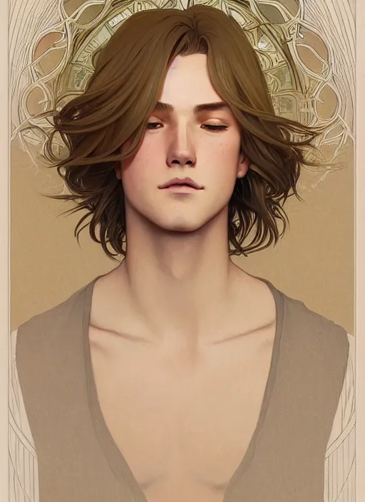 Image similar to pretty young man with shoulder length shiny shimmering golden blond hair, head down, demure, shy, path traced, highly detailed, high quality, digital painting, by studio ghibli and alphonse mucha, leesha hannigan, disney