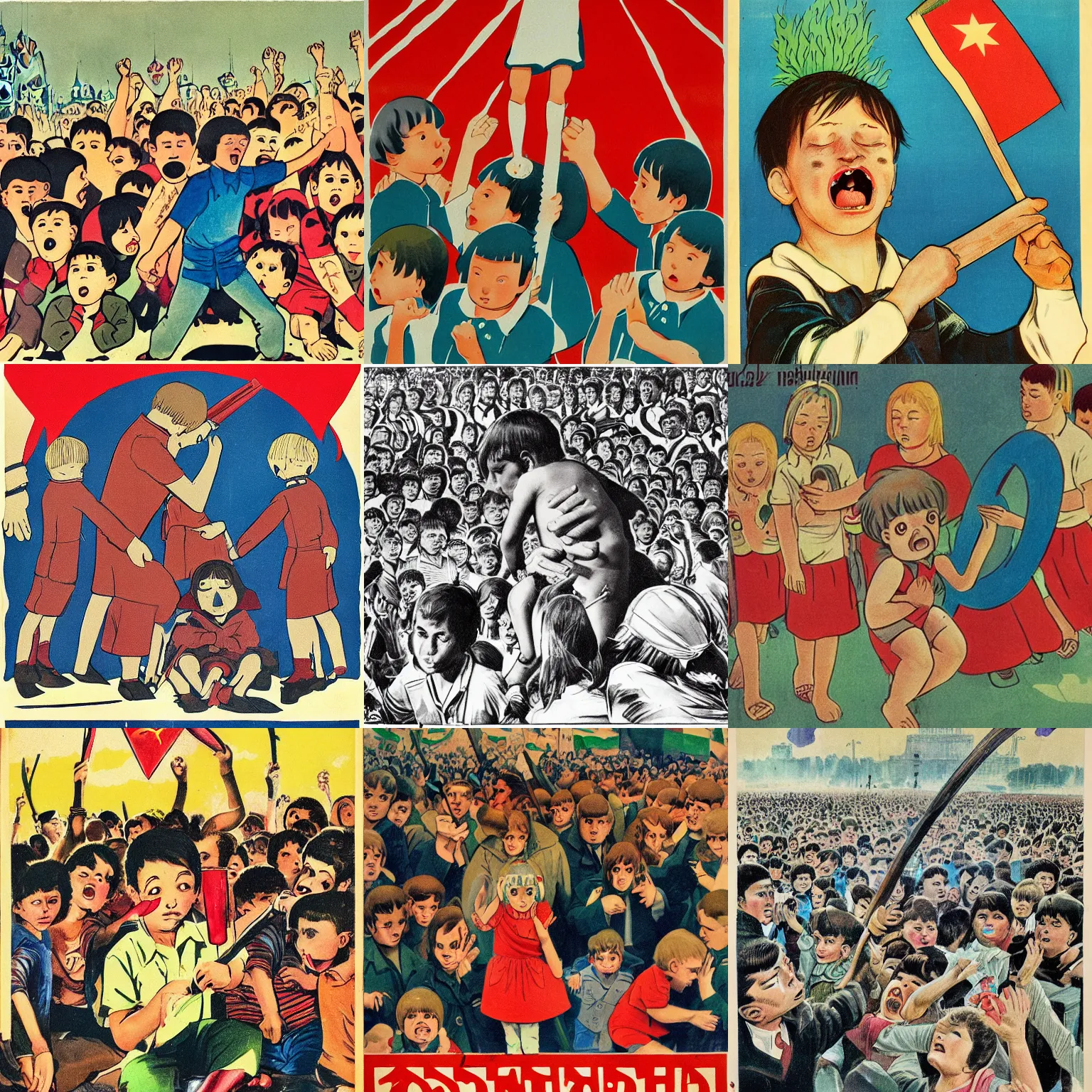 Prompt: an unfortunate child sits in tears in the center of the crowd, hugging his knees, and around there are children who brandish boomerangs and throw them at him. realistic illustration, soviet poster, manga