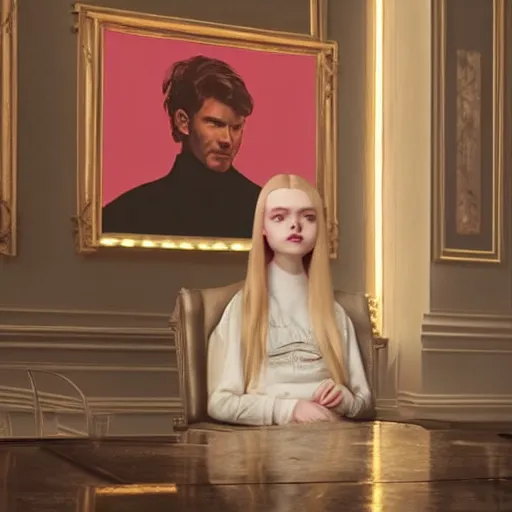 Prompt: Elle Fanning sitting on a white leather chair in the world of Adam Adamowicz, head and shoulders portrait, stormy weather, extremely detailed masterpiece, oil on canvas, low-key neon lighting, artstation, Blade Runner 2049, Roger Deakin’s cinematography, by J. C. Leyendecker and Peter Paul Rubens and Edward Hopper and Michael Sowa,