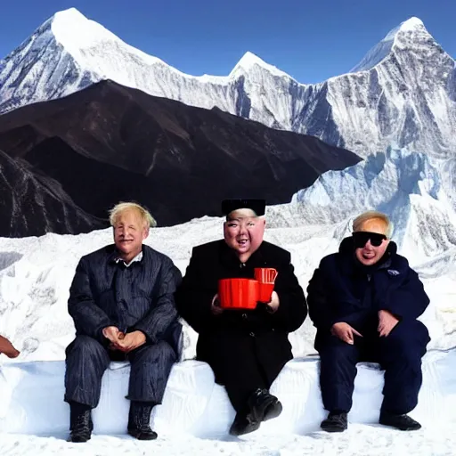 Image similar to kim jong - un, president joe biden, boris johnson, and vladimir putin enjoying earl grey tea at mount everest base camp, minimalist