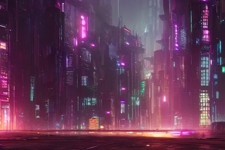 Prompt: a digital painting of a city at night, cyberpunk art by stephan martiniere, cgsociety contest winner, panfuturism, concept art, rendered in unreal engine, reimagined by industrial light and magic