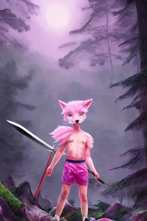 Image similar to a beautiful fullbody portrait of a cute male boy with pink hair and pink wolf ears and tail, wearing a cool outfit, barefoot, wielding a sword in battle position, in a forest, at night. volumetric light, detailed, photorealistic, fantasy, rendered in octane