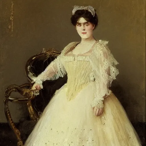 Image similar to young victorian lady in ball gown, painted by alfred stevens