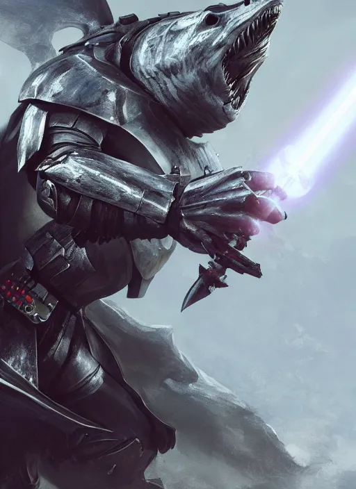 Prompt: side portrait of a shark in knight armor holding a lightsaber, 3 d render, hyper - realistic, detailed, ruan jia, wlop, fantasy, scifi, magic the gathering