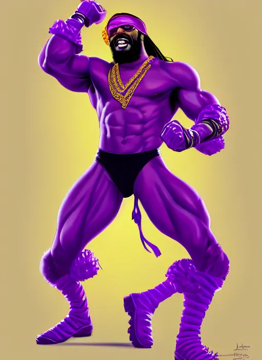 Image similar to macho king randy savage, wide angle view, gold and purple color scheme, highly detailed, artgerm, cushart krenz, king of fighters style, trending on artstation, soft light, sharp focus, illustration, character design, concept art