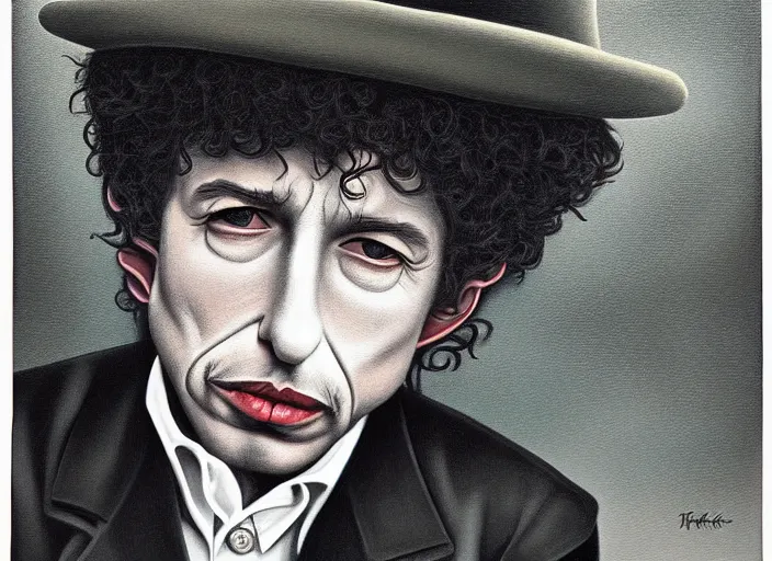 Prompt: bob dylan, an ultrafine detailed painting by mark ryden, trending on deviantart, pop surrealism, whimsical, lowbrow, grotesque