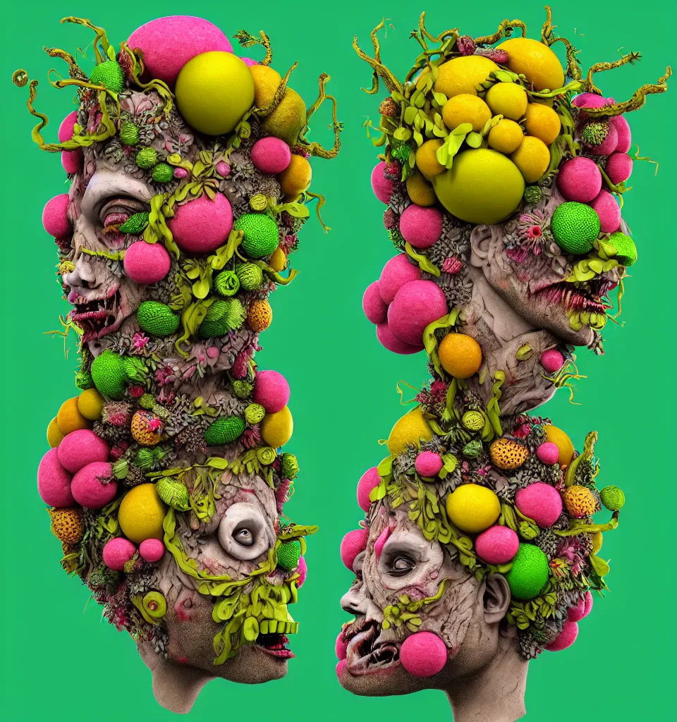 Prompt: headshot of a trickster nature zombie, head made of fruit and flowers in the style of arcimboldo, fragonard, covered with tendrils and 3 d blocks of text, digital illustration, dynamic lighting, action figure, clay sculpture, claymation, turquoise pink and green, botanical rainbow backdrop