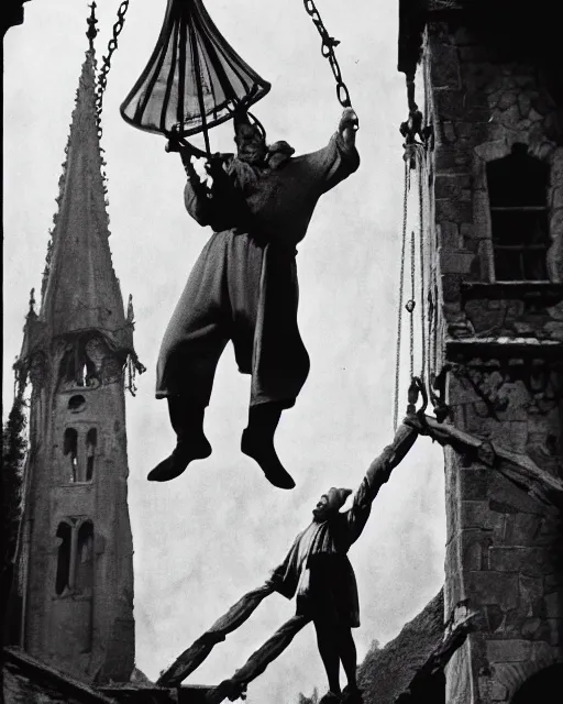 Image similar to color Photograph of Charles Laughton dressed as Quasimodo swinging from a Bell Tower, atmospheric, cinematic