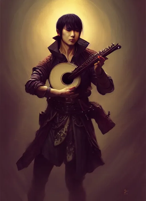 Prompt: modern japanese male bard playing lute, full body, hyper realistic, blade runner, extremely detailed, dnd character art portrait, dark fantasy art, intricate fantasy painting, steampunk, dramatic lighting, vivid colors, deviantart, artstation, by clyde caldwell and krenz cushart and artem demura and john williams waterhouse