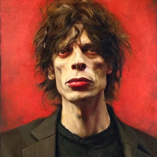 Image similar to Solomon Joseph Solomon and Richard Schmid and Jeremy Lipking victorian genre painting portrait painting of Mick Jagger in fantasy costume, red background