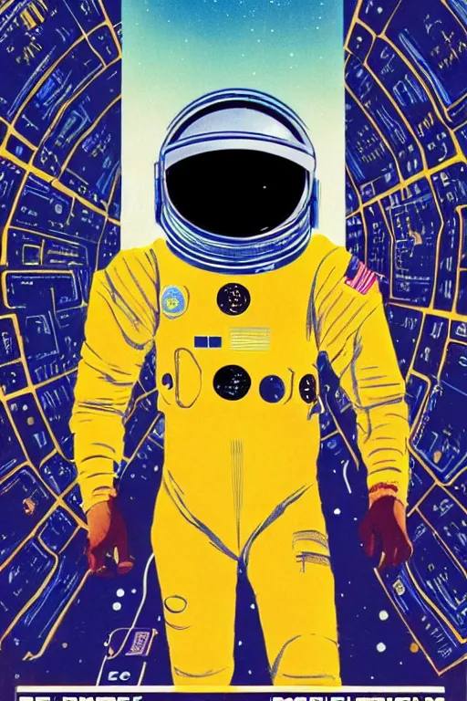 Prompt: poster art, movie poster, retrofuturism, sci - fi, textured, paper texture, 2 0 0 1 : a space odyssey by edward valigursky and saul bass, yellow space suit, space station