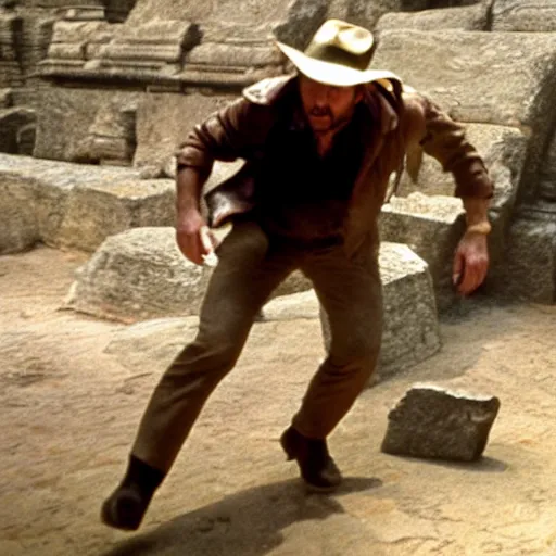 Image similar to Indiana Jones running from rolling boulder trap in ancient temple, raiders of the lost ark movie scene