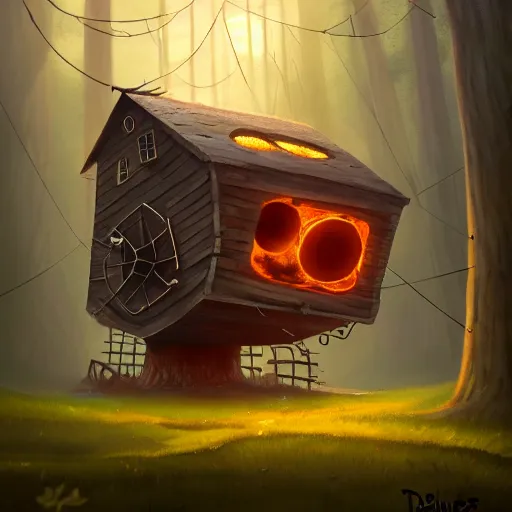 Image similar to a walking wood and metal house with two legs and one big eye, smoky chimney, rust, hyperrealistic, highly detailed, cinematic, single ray of sun, morning, pareidolia, gravity falls style, disney, beautiful, cgssociety, artstation, 8 k, oil painting, digital art