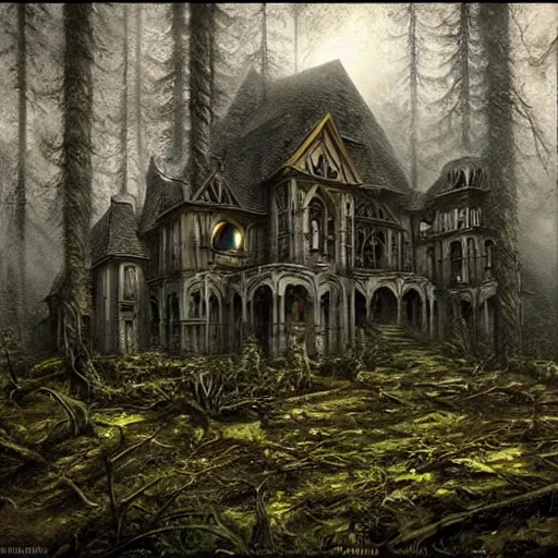 Image similar to abandoned Technologic villain mansion in the woods, very coherent symmetrical artwork, cinematic, dark, moody, foggy, by Ted Nasmith