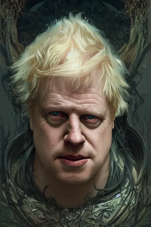 Image similar to portrait of boris johnson as a very pale hulking herculean demon, forest, godlike, full body, fantasy, intricate, elegant, highly detailed, digital painting, artstation, concept art, sharp focus, illustration, art by artgerm and greg rutkowski and alphonse mucha